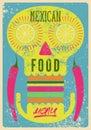 Mexican Food Menu typographical vintage style grunge poster design with skull and chilli. Retro vector illustration. Royalty Free Stock Photo